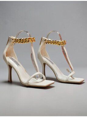 Gold Chain Ankle Strap White High Heel Sandals With Square Toe Stiletto Heel Chi